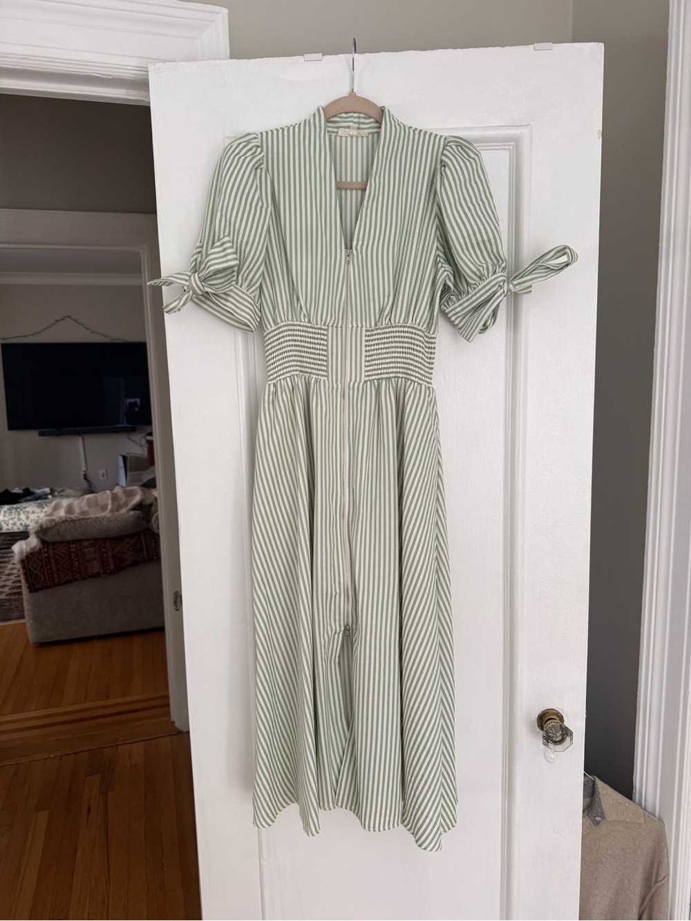 Green Striped Midi Dress with Tie Sleeves